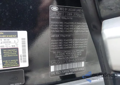 2017 Land Rover Range Rover 5.0L V8 Supercharged z USA, uszkodzony, nr VIN SALGS5FE4HA366485